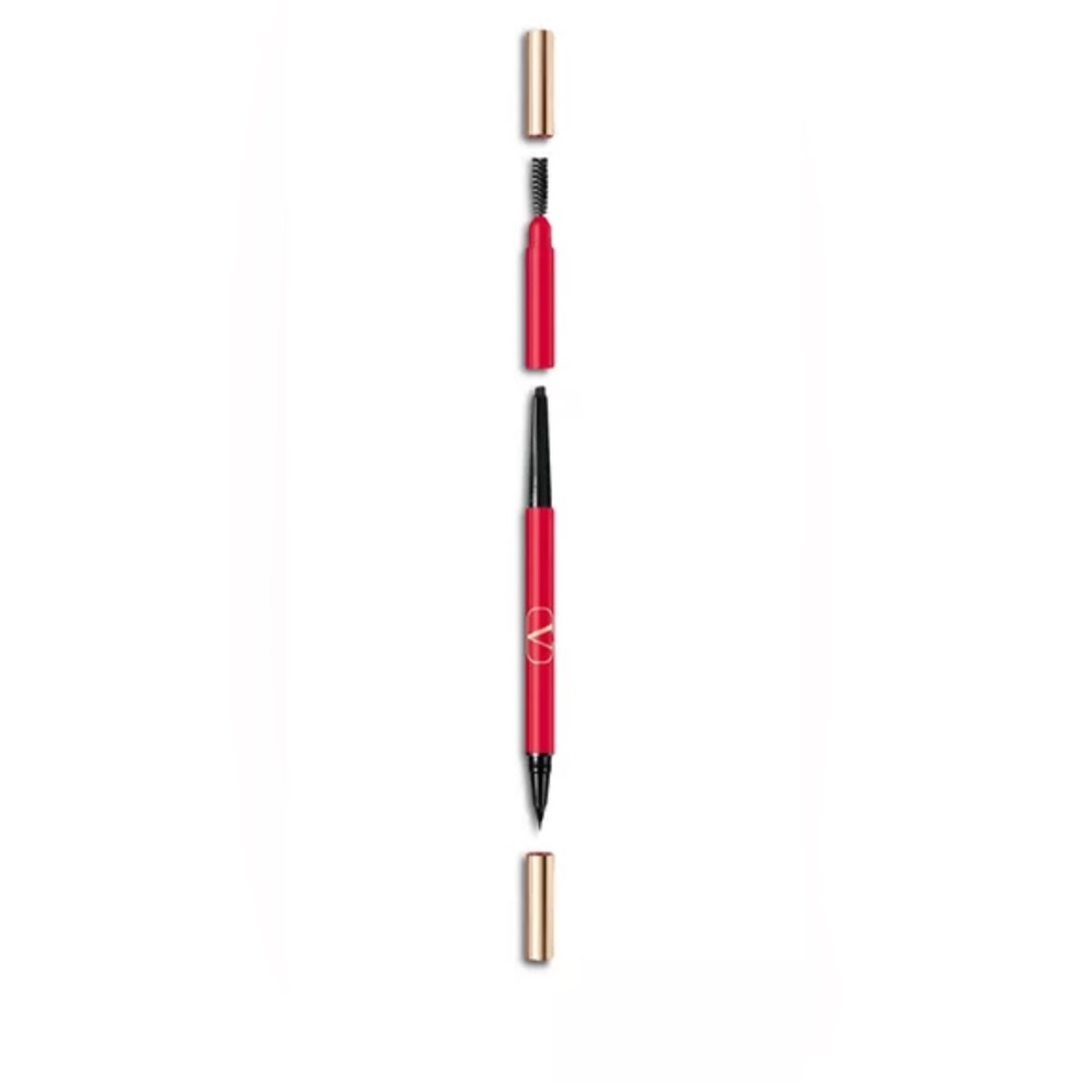 Eyebrow pencil with a liquid ink micro-liner, a shading pencil, and brow brush